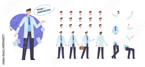 doctor character for animation. Creation set with various views, face emotions, poses and gestures.