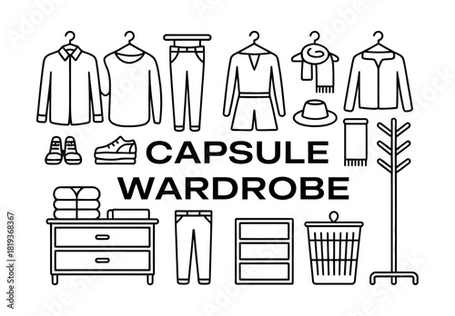 Capsule wardrobe concept with clothing and accessories displayed in an organized manner.