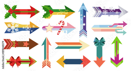 A collection of decorative arrows with various designs and orientations shown