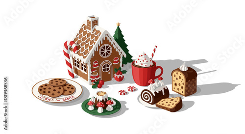 Festive christmas treats including gingerbread house and cookies for santa
