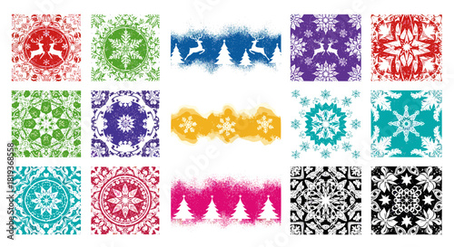 Collection of christmas themed designs featuring reindeer snowflakes and trees