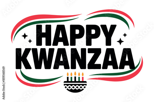Happy Kwanzaa greeting with stylized text and candles on a cake.