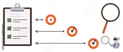 Clipboard with checkmarks, circular targets, magnifying glass, and robot emphasizing organization, focus, and data evaluation. Ideal for planning, productivity, analysis AI task management goal