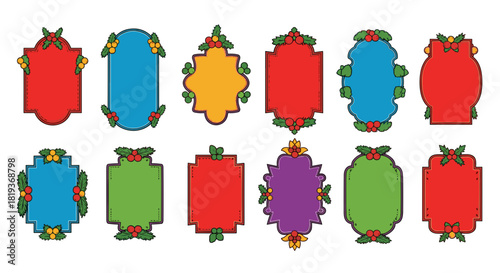 Collection of colorful christmas frames decorated with holly berries and leaves