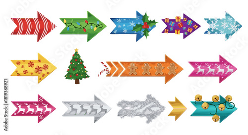 Collection of christmas themed arrows pointing right with various designs