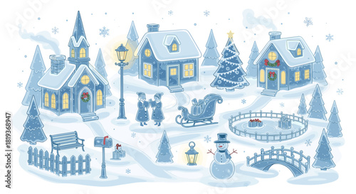 Winter scene with snow covered houses trees and people in a village setting