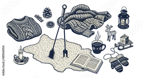 Illustration of cozy winter scene with sweaters, rug, and fireplace tools