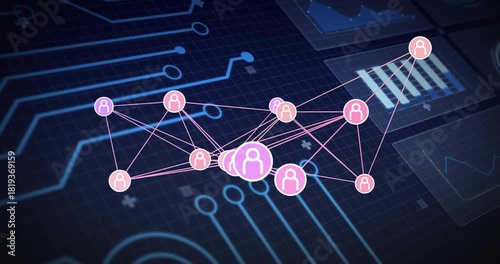 Camera pan and slight zoom starting, purple hub avatar reshaping links to visualize network growth