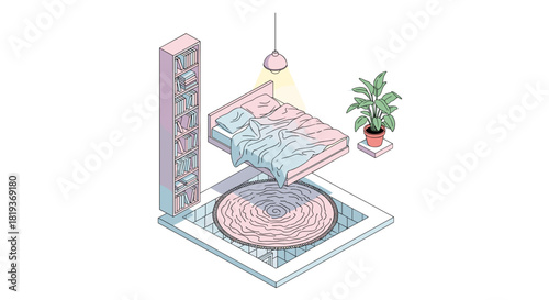 Isometric bedroom scene with bed, rug, bookshelf, plant and hanging light