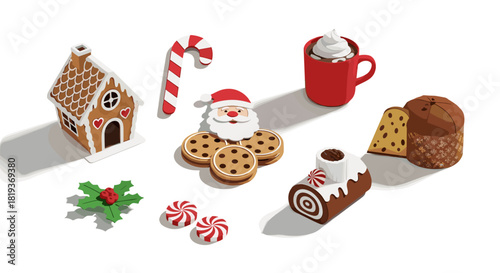 Festive assortment of christmas treats including gingerbread house and more