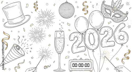 Illustration of new year celebration elements including balloons and clock time