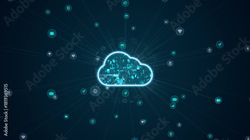 Wallpaper Mural Motion graphic of a glowing digital cloud icon with scattered connected elements radiating across a deep tech background. Torontodigital.ca