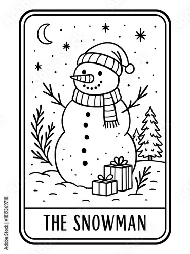 snowman with scarf and hat standing in snowy night forest smiling and looking at camera surrounded by gifts christmas tarot card vector illustration for festive branding and holiday design