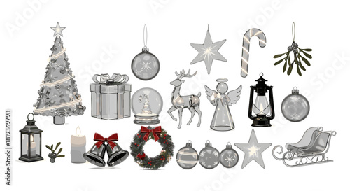 A festive assortment of christmas ornaments including tree gift and more items