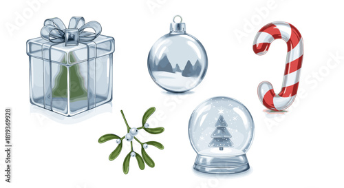 Illustration of a christmas gift box ornament candy cane mistletoe and snow globe