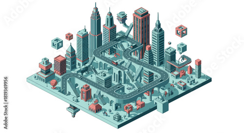 Isometric city with tall buildings and winding roads in a stylized view