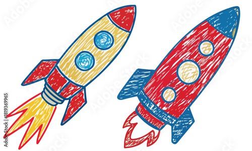 Fun rocket doodle clipart set featuring cute hand-drawn spaceships, stars, and fire details in colorful and black-and-white styles — ideal for kids’ crafts, coloring pages, and space-themed projects.