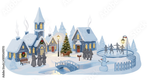 Winter village scene with ice skaters christmas tree and carolers singing