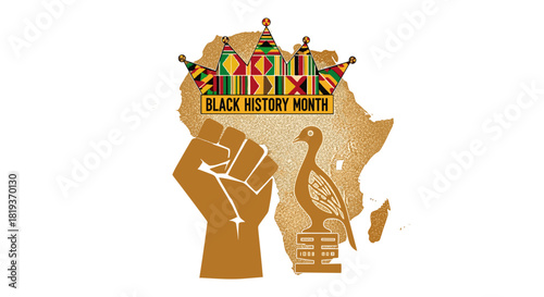 Illustration of black history month design with africa map and raised fist
