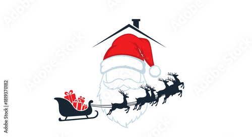 Illustration of santa claus with reindeer and sleigh under a house outline