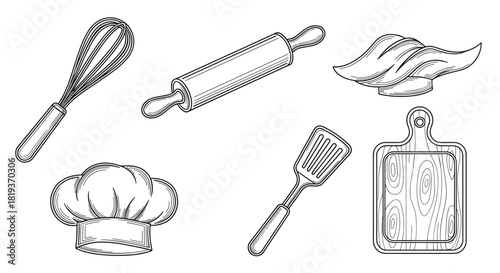 Illustration featuring kitchen utensils and chef hats in a sketch style art