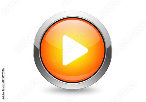Shiny orange play button with a silver border isolated on white background, perfect for multimedia and entertainment projects