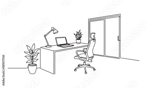 Minimalist Line Art Home Office Workspace with Modern Desk, Laptop, and Indoor Plants
