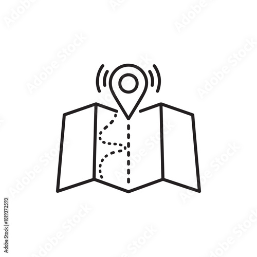 Outline icon of a map with a gps pin indicating a location and route, emitting wireless signals, isolated on