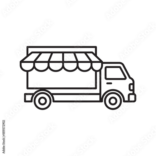 Food truck or delivery van with an awning, depicted as a simple line art icon, isolated on