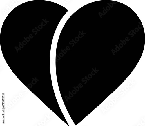 Minimalist Split Heart Vector Icon - Abstract Black and White Love Symbol Divided by a Curved Line - Modern Flat Design Graphic for Valentine's Day, Relationship Concepts, or Corporate Branding