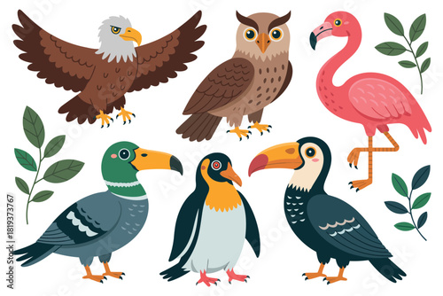 A diverse collection of cartoon birds are displayed in a colorful illustration.