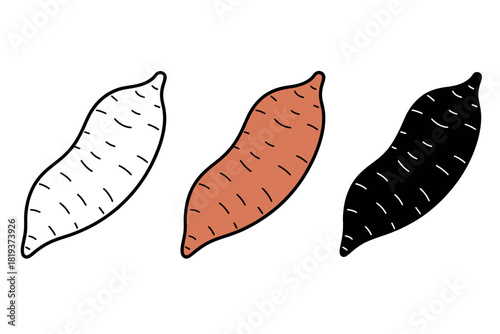 A trio of stylized sweet potatoes in different artistic representations.
