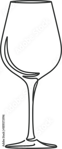Simple black and line drawing illustration of an empty, elegant wine glass with a long stem
