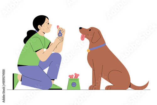A person is training a dog with treats and a clicker.