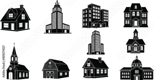 Silhouette of various buildings including houses, skyscrapers, churches, and a barn