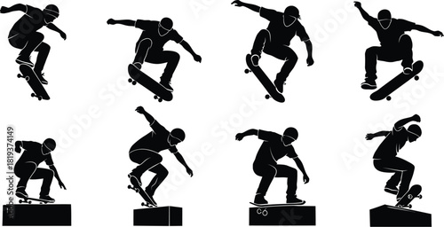 Silhouette of a skateboarder performing various tricks