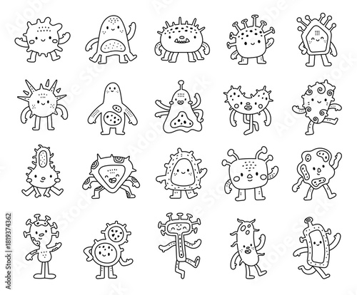 Bacteria microbe character set in outline line art
