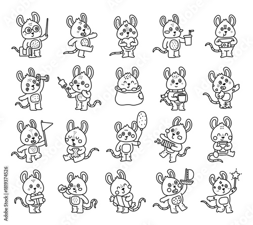 Rat character set in outline line art showing different emotions and poses holding book, cheese, donut, takeaway cup, gift, balloon, flag, marshmallow, dumbbell, ship
