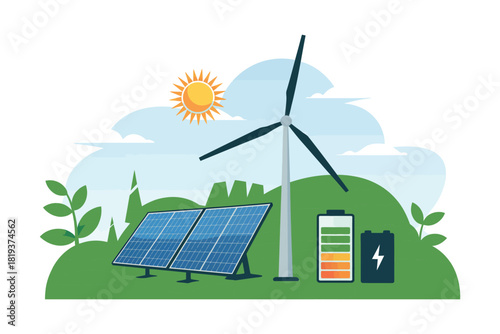 Renewable energy sources including solar panels and a wind turbine are depicted.