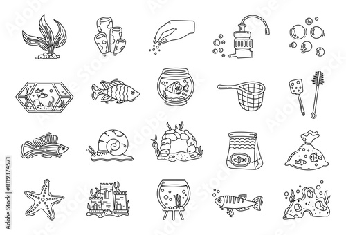 Aquarium set in outline line art for creating underwater scenes with various marine items and elements perfect for enhancing illustration projects through charming aquatic designs