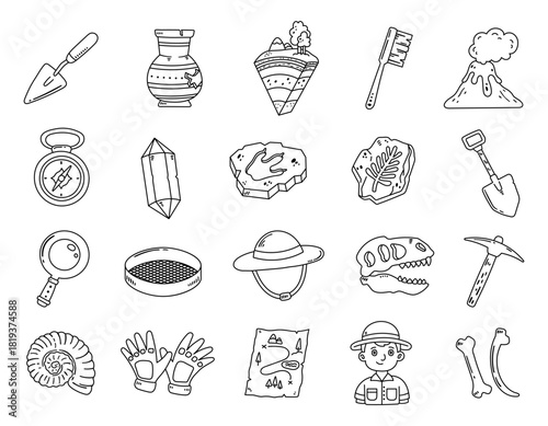 Geology set in outline line art, trowel, pottery, vessel, layer, stratigraphy, brush, volcano, compass, crystal, footprint, fossil, leaf, shovel, sieve, helmet