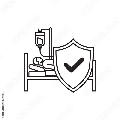 Patient in hospital bed with iv drip and medical insurance shield icon, isolated on