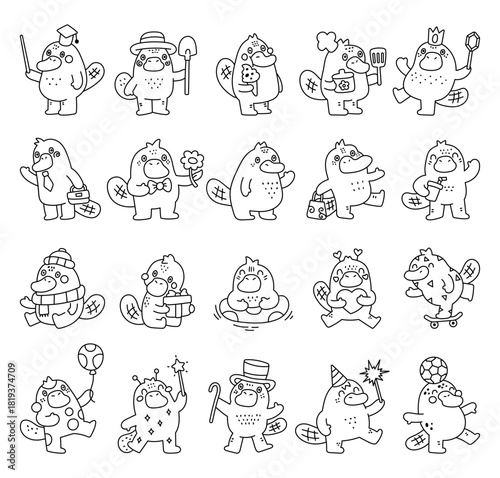 Platypus character set in outline line art showing education farming, cooking, romance, business, holiday, sport, fantasy celebration valentine, learning, gift, dessert, balloon