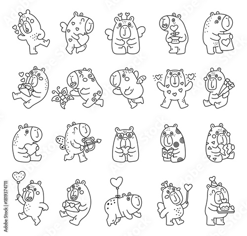 Capybara valentine character set in outline line art showing different emotions and poses holding heart, balloon, flower, cake, envelope, letter, tray, magic wand, postcard