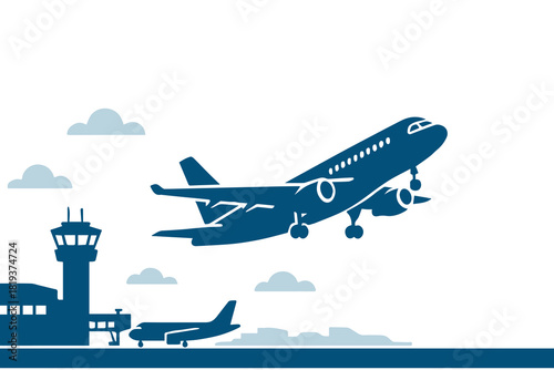 Dynamic black and white vector illustration of a modern passenger airplane soaring through the sky, perfect for aviation company branding or travel agency logo design