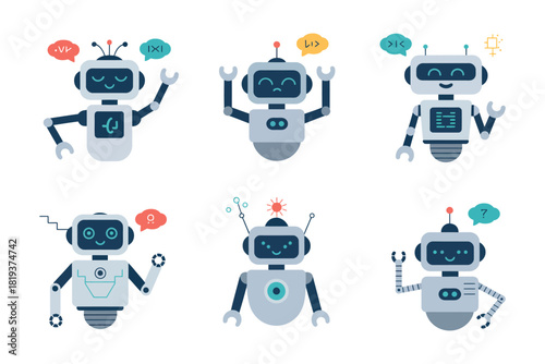 Cute cartoon robots expressing different emotions and thoughts through speech bubbles.