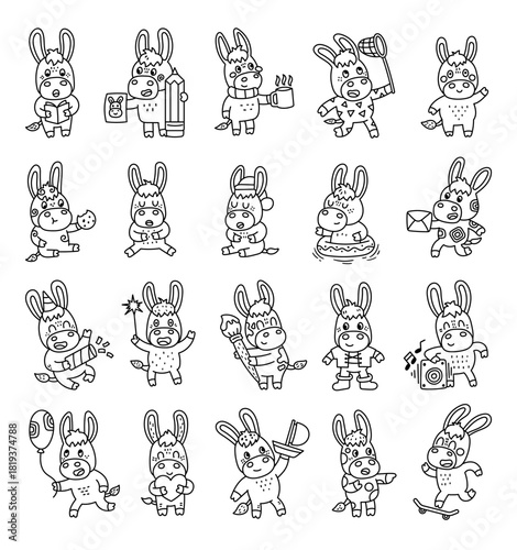 Donkey character set in outline line art showing different emotions and poses, holding book, pencil, mug, cookie, letter, sparkler, paintbrush, balloon, heart, sailboat