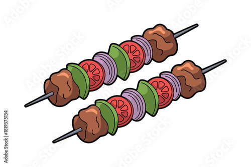 Two delicious meat and vegetable kebabs on skewers ready for grilling