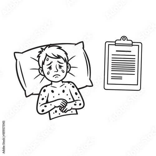 Sick child with a rash crying in bed next to a medical clipboard, isolated on