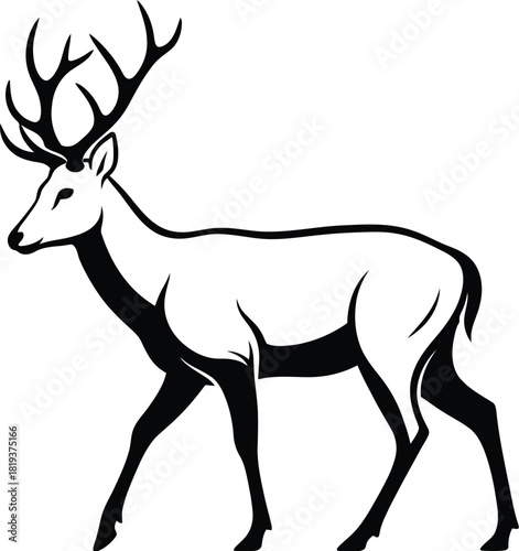 Black and stylized illustration of a majestic stag with large antlers standing in profile